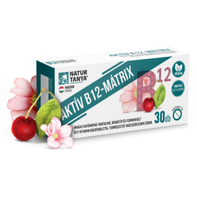 Natur Tanya® AKTÍV B12-MÁTRIX - Magas hatóanyag-tartalmú, bioaktív és fermentált B12-vitamin rágótabletta, természetes vadcseresznye ízben.