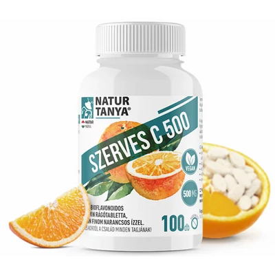 SZERVES C 500 – Kétféle C-vitamin citrus bioflavonoidokkal gyomorkímélő rágótablettában, finom narancs ízzel 100 db