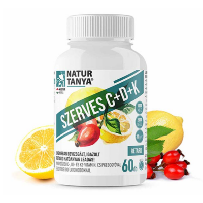 Natur Tanya® Szerves C+D+K - Retard 1000mg C-vitamin, 2000IU D3-vitamin, 30 µg natto fermentált K2-vitamin, csipkebogyó kivonat és citrus bioflavonoidok