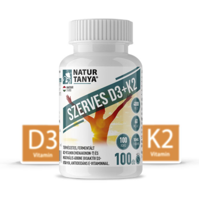 Natur Tanya® Szerves D3 és K2-vitamin. Természetes, fermentált K2-vitamin (menakinon-7) és maximális 4000 NE bioaktív D3-vitamin, antioxidáns E-vitaminnal